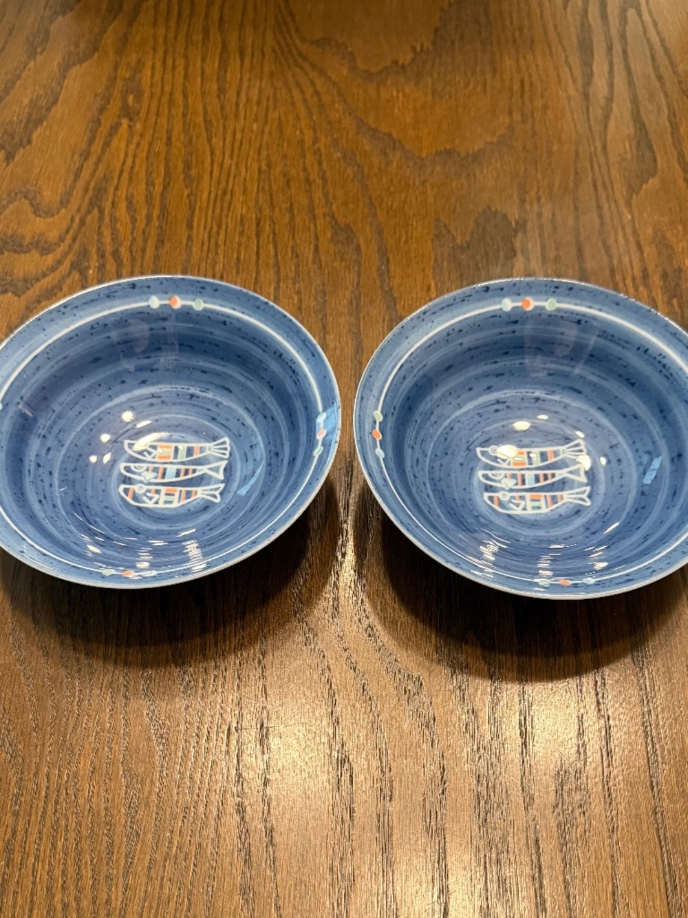 ⁠NWT - Set of 2 Japanese Mino Ware Ceramic Bowls Blue Fish Motif 6.5"⁠